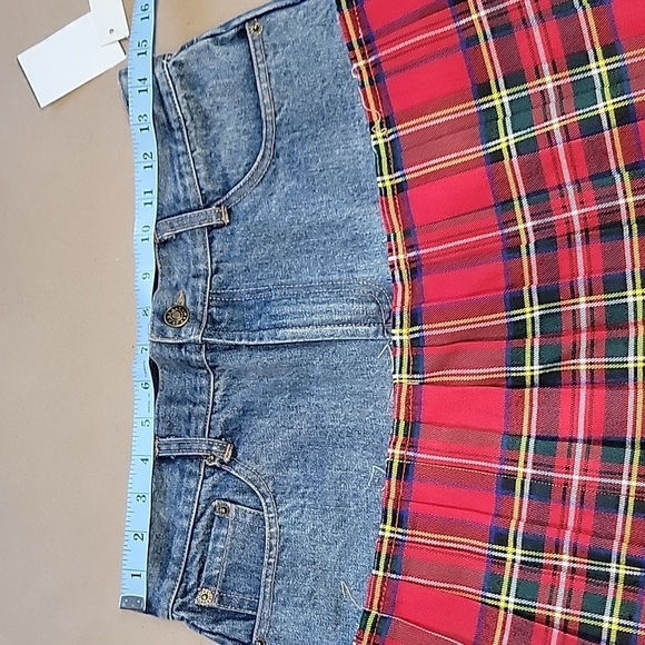Design Lab Lord & Taylor Size M Half Denim Half Tartan Pleated Mini Skirt, NEW - Picture 3 of 9
